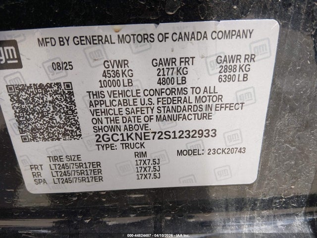 2025 Chevrolet Silverado 2500hd 4wd  Standard Bed Lt მანქანა იყიდება აუქციონზე, vin: 2GC1KNE72S1232933, აუქციონის ნომერი: 44824487