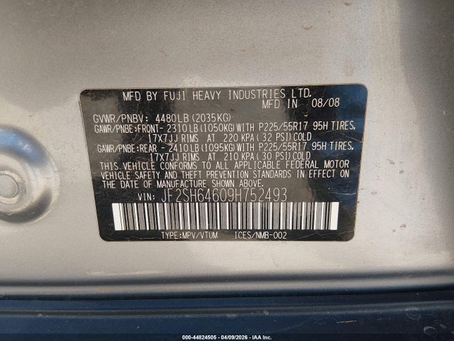 Продажа на аукционе авто 2009 Subaru Forester 2.5x Limited, vin: JF2SH64609H752493, номер лота: 44824505
