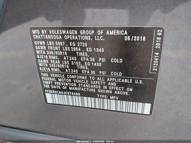 Продаж на аукціоні авто 2018 Volkswagen Atlas 3.6l V6 Se, vin: 1V2KR2CA0JC574496, номер лоту: 44824512