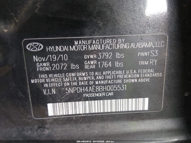 Auction sale of the 2011 Hyundai Elantra Limited, vin: 5NPDH4AE8BH005531, lot number: 44824515