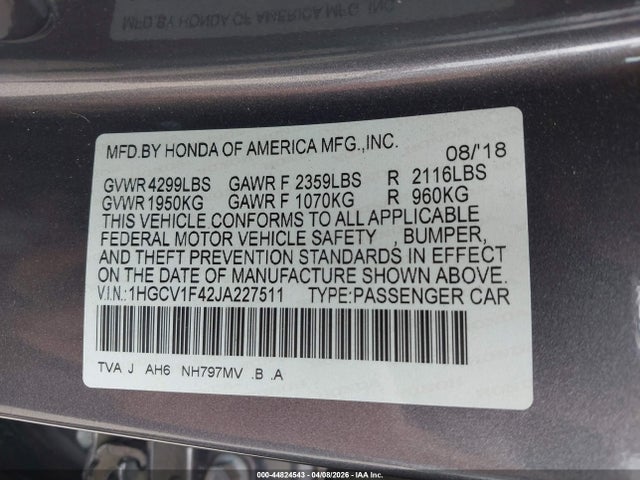 Продаж на аукціоні авто 2018 Honda Accord Ex, vin: 1HGCV1F42JA227511, номер лоту: 44824543