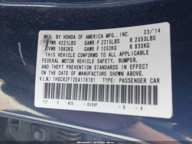 2014 Honda Accord Ex მანქანა იყიდება აუქციონზე, vin: 1HGCR2F72EA178191, აუქციონის ნომერი: 44824573