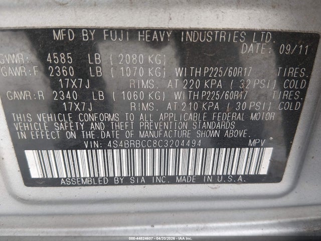 44824607 :رقم المزاد ، 4S4BRBCC8C3204494 vin ، 2012 Subaru Outback 2.5i Premium مزاد بيع