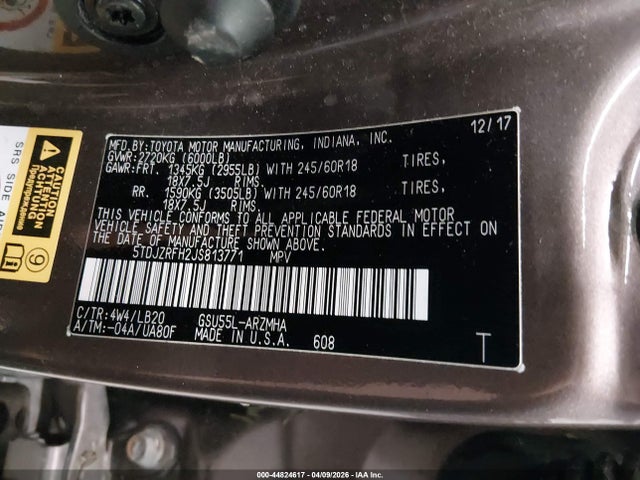 Aukcja sprzedaży 2018 Toyota Highlander Xle, vin: 5TDJZRFH2JS813771, numer aukcji: 44824617