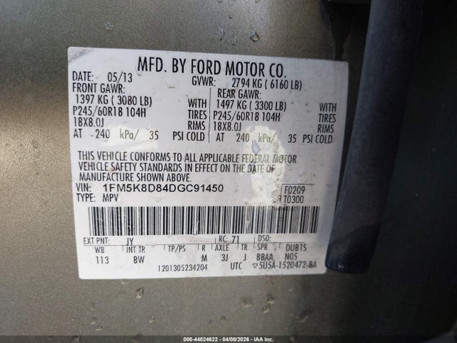 44824622 :رقم المزاد ، 1FM5K8D84DGC91450 vin ، 2013 Ford Explorer Xlt مزاد بيع
