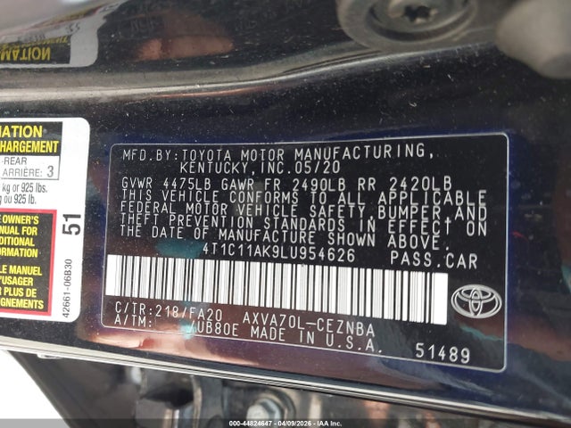 Aukcja sprzedaży 2020 Toyota Camry Le, vin: 4T1C11AK9LU954626, numer aukcji: 44824647