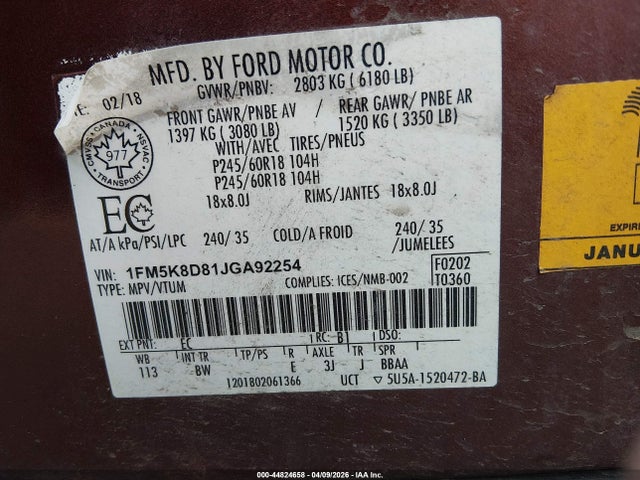Aukcja sprzedaży 2018 Ford Explorer Xlt, vin: 1FM5K8D81JGA92254, numer aukcji: 44824658