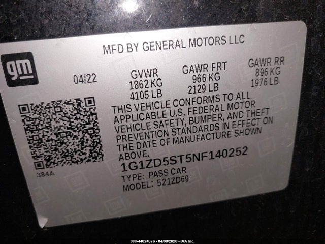 Aukcja sprzedaży 2022 Chevrolet Malibu Fwd Lt, vin: 1G1ZD5ST5NF140252, numer aukcji: 44824676