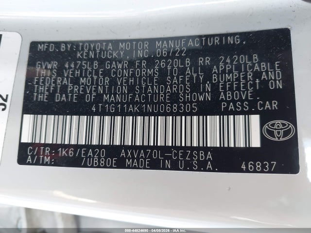 Aukcja sprzedaży 2022 Toyota Camry Se, vin: 4T1G11AK1NU068305, numer aukcji: 44824690