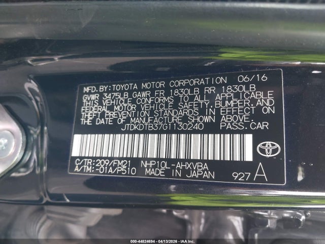 JTDKDTB37G1130240 Toyota Prius C Two