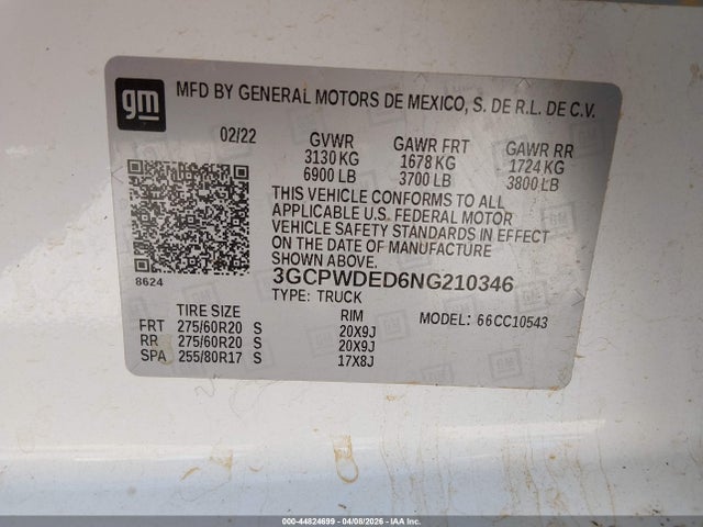 44824699 :رقم المزاد ، 3GCPWDED6NG210346 vin ، 2022 Chevrolet Silverado 1500 Ltd 2wd  Short Bed Rst مزاد بيع