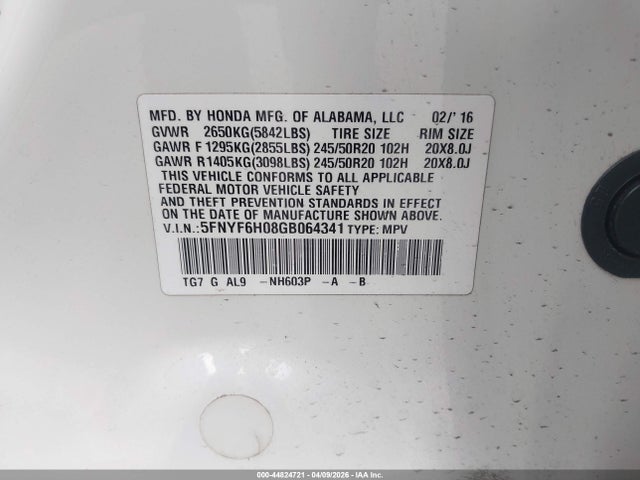 5FNYF6H08GB064341 Honda Pilot Elite