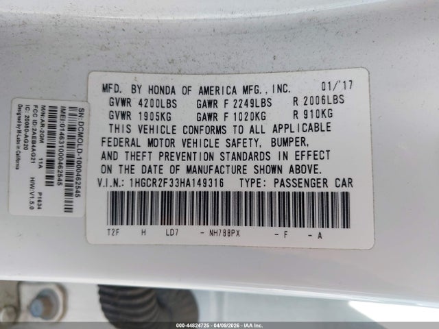 1HGCR2F33HA149316 Honda ACCORD LX