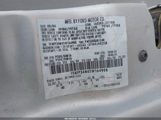 2005 FORD FOCUS 1FAFP34N45W164908 Photo 8