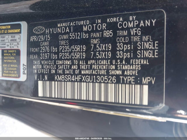 Продаж на аукціоні авто 2016 Hyundai Santa Fe Limited, vin: KM8SR4HFXGU130526, номер лоту: 44824748
