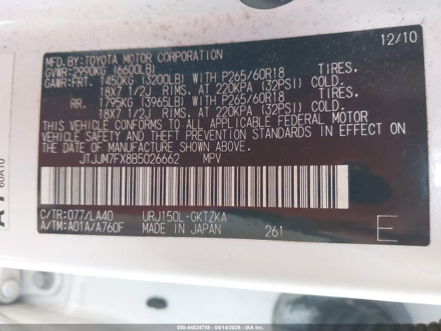 Auction sale of the 2011 Lexus Gx 460 Premium, vin: JTJJM7FX8B5026662, lot number: 44824758