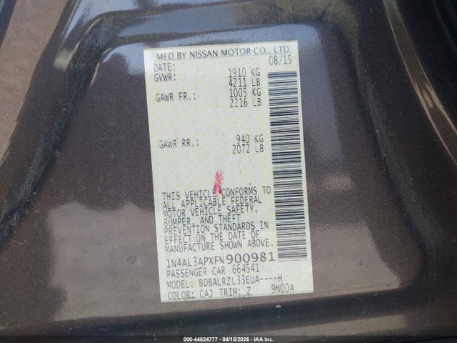 44824777 :رقم المزاد ، 1N4AL3APXFN900981 vin ، 2015 Nissan Altima 2.5 Sl مزاد بيع