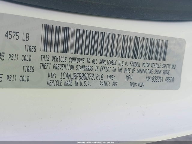 Aukcja sprzedaży 2016 Jeep Patriot High Altitude Edition, vin: 1C4NJRFB8GD731018, numer aukcji: 44824778