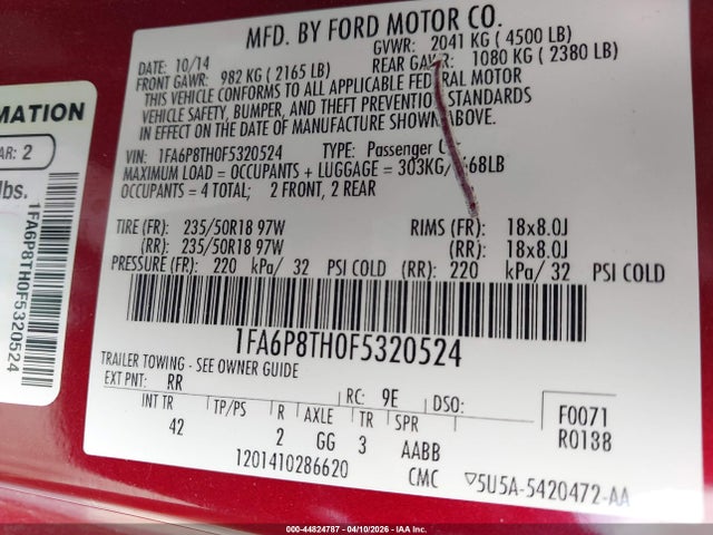 Aukcja sprzedaży 2015 Ford Mustang Ecoboost, vin: 1FA6P8TH0F5320524, numer aukcji: 44824787