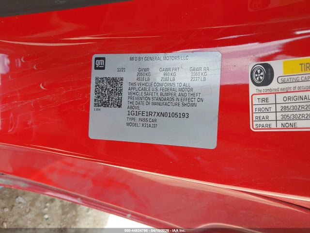 Продажа на аукционе авто 2022 Chevrolet Camaro Rwd  1ss, vin: 1G1FE1R7XN0105193, номер лота: 44824798