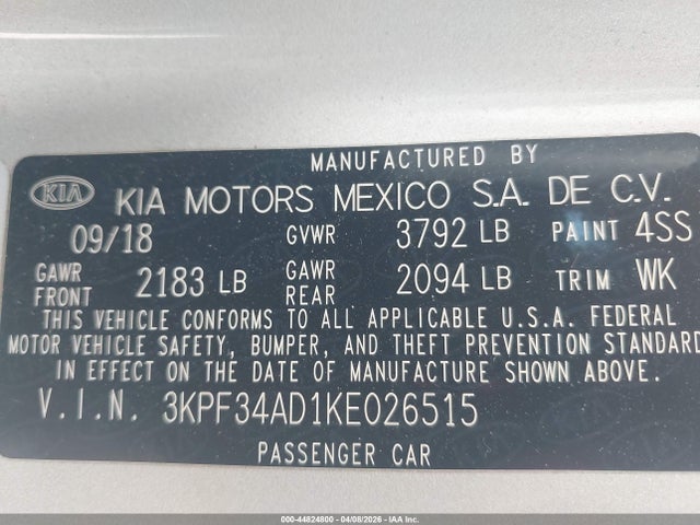 3KPF34AD1KE026515 KIA FORTE S