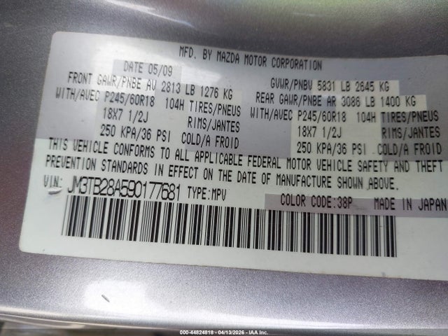 44824818 :رقم المزاد ، JM3TB28A590177681 vin ، 2009 Mazda Cx-9 Touring مزاد بيع
