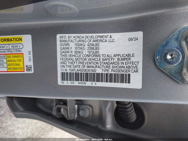 44824831 :رقم المزاد ، 19XFL4H92SE001642 vin ، 2025 Honda Civic Hybrid Sport Touring مزاد بيع