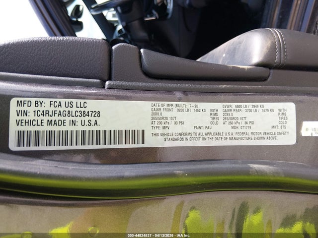 44824837 :رقم المزاد ، 1C4RJFAG8LC384728 vin ، 2020 Jeep Grand Cherokee Altitude 4x4 مزاد بيع