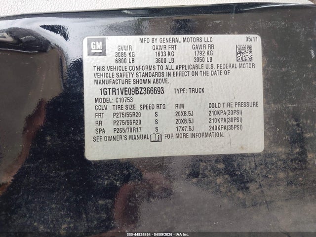 44824854 :رقم المزاد ، 1GTR1VE09BZ366693 vin ، 2011 Gmc Sierra 1500 Sle مزاد بيع