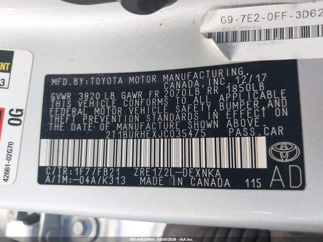 44824864 :رقم المزاد ، 2T1BURHEXJC035475 vin ، 2018 Toyota Corolla Le مزاد بيع