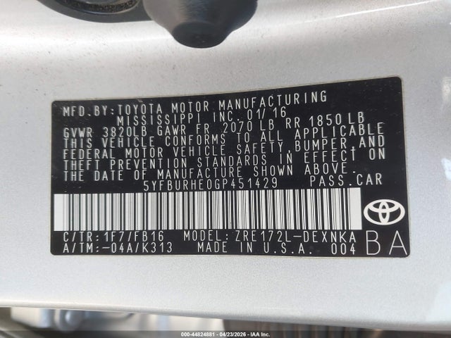 5YFBURHE0GP451429 Toyota Corolla Le Plus