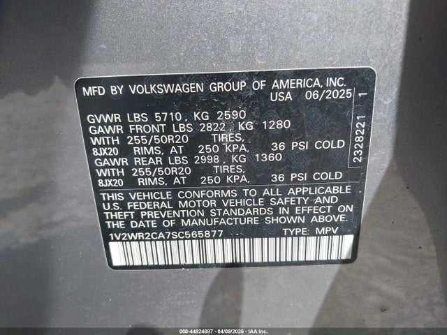 Продажа на аукционе авто 2025 Volkswagen Atlas 2.0t Se W/technology, vin: 1V2WR2CA7SC565877, номер лота: 44824887