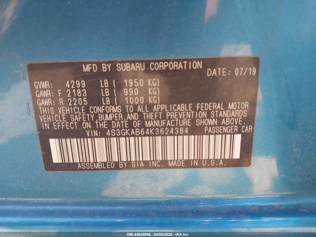 44824906 :رقم المزاد ، 4S3GKAB64K3624384 vin ، 2019 Subaru Impreza 2.0i مزاد بيع