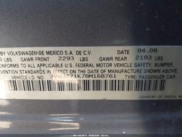 Aukcja sprzedaży 2008 Volkswagen Jetta S, vin: 3VWJZ71K78M168761, numer aukcji: 44824918