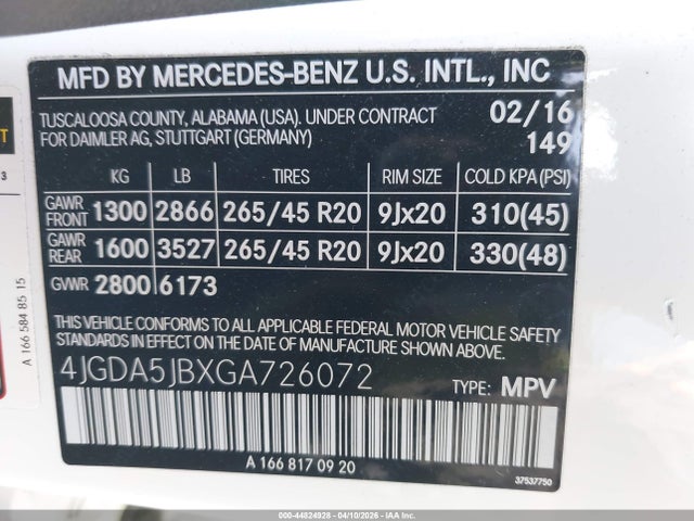 Продажа на аукционе авто 2016 Mercedes-benz Gle 350, vin: 4JGDA5JBXGA726072, номер лота: 44824928