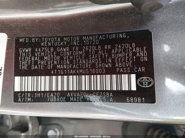 Aukcja sprzedaży 2021 Toyota Camry Se, vin: 4T1G11AK4MU516003, numer aukcji: 44824930