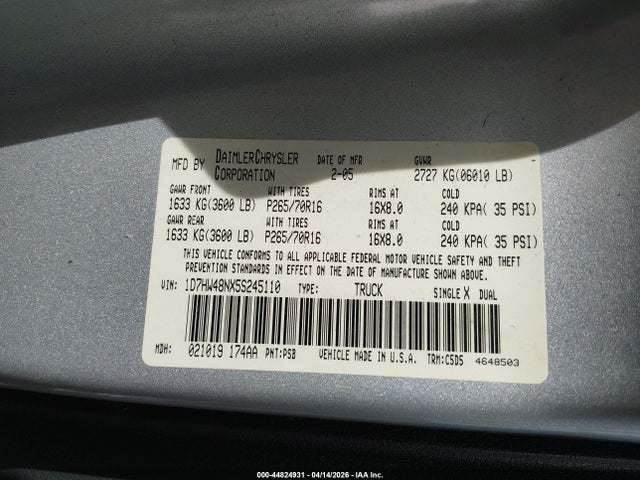 Продажа на аукционе авто 2005 Dodge Dakota Slt, vin: 1D7HW48NX5S245110, номер лота: 44824931