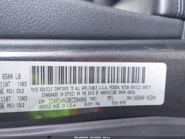 Auction sale of the 2019 Dodge Durango Sxt Rwd, vin: 1C4RDHAG3KC584806, lot number: 44824932