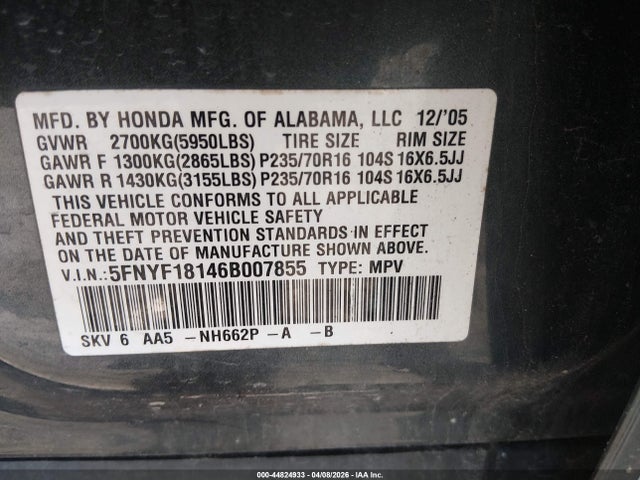 2006 HONDA PILOT 5FNYF18146B007855 Photo 8