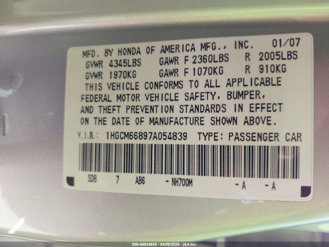 2007 HONDA ACCORD 1HGCM66897A054839 Photo 8