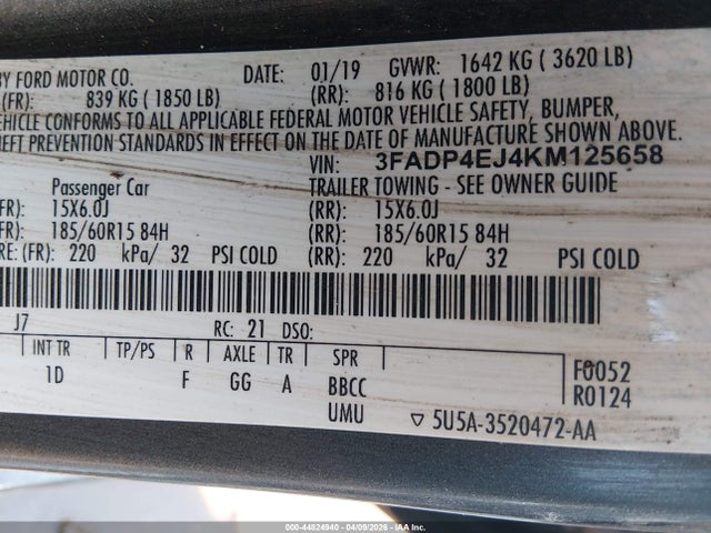 44824940 :رقم المزاد ، 3FADP4EJ4KM125658 vin ، 2019 Ford Fiesta Se مزاد بيع