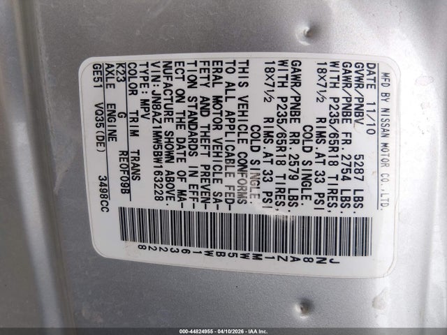 2011 Nissan Murano Sv მანქანა იყიდება აუქციონზე, vin: JN8AZ1MW5BW163228, აუქციონის ნომერი: 44824955