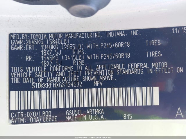 5TDKKRFHXGS124532 Toyota Highlander Xle V6