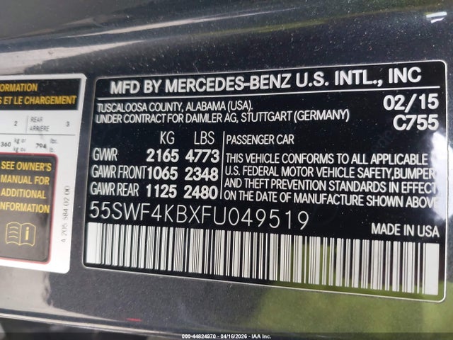 Продаж на аукціоні авто 2015 Mercedes-benz C 300 4matic, vin: 55SWF4KBXFU049519, номер лоту: 44824970