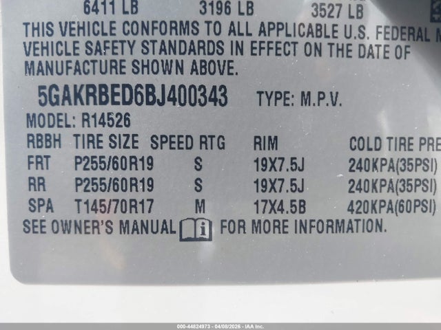 44824973 :رقم المزاد ، 5GAKRBED6BJ400343 vin ، 2011 Buick Enclave 1xl مزاد بيع