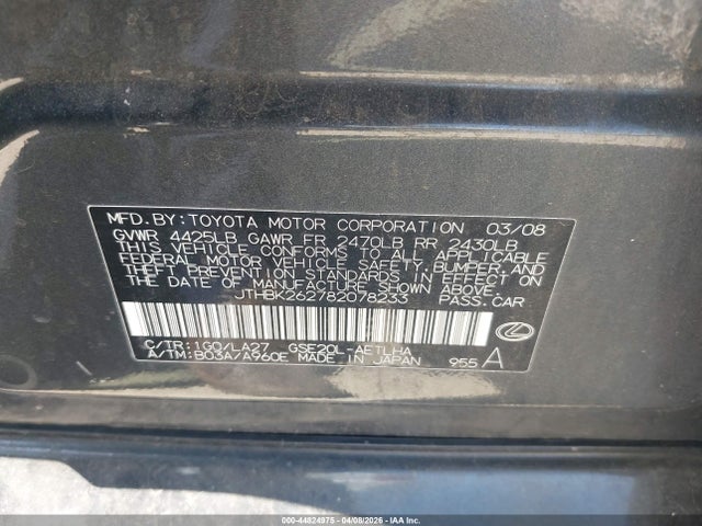 Продажа на аукционе авто 2008 Lexus Is 250, vin: JTHBK262782078233, номер лота: 44824975