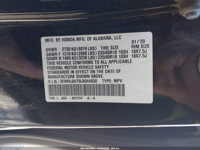 Aukcja sprzedaży 2020 Honda Odyssey Ex-l/ex-l W/navi   Res, vin: 5FNRL6H75LB044830, numer aukcji: 44824982