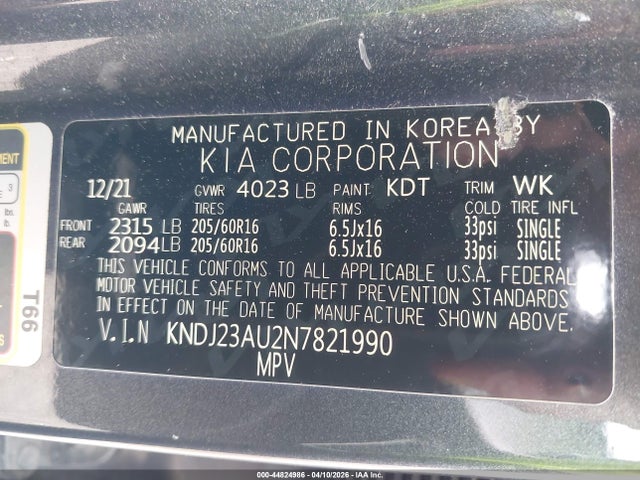Aukcja sprzedaży 2022 Kia Soul Lx, vin: KNDJ23AU2N7821990, numer aukcji: 44824986