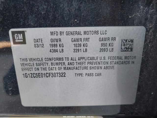 Продажа на аукционе авто 2012 Chevrolet Malibu 1lt, vin: 1G1ZC5E01CF307322, номер лота: 44824991