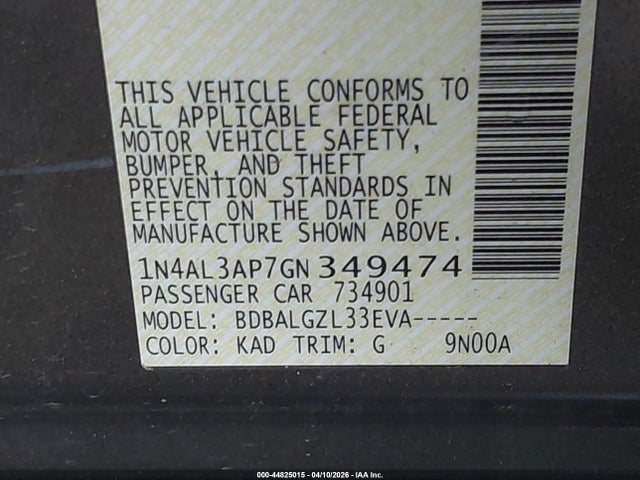 1N4AL3AP7GN349474 Nissan Altima 2.5/2.5 S/2.5 Sl/2.5 Sr/2.5 Sv